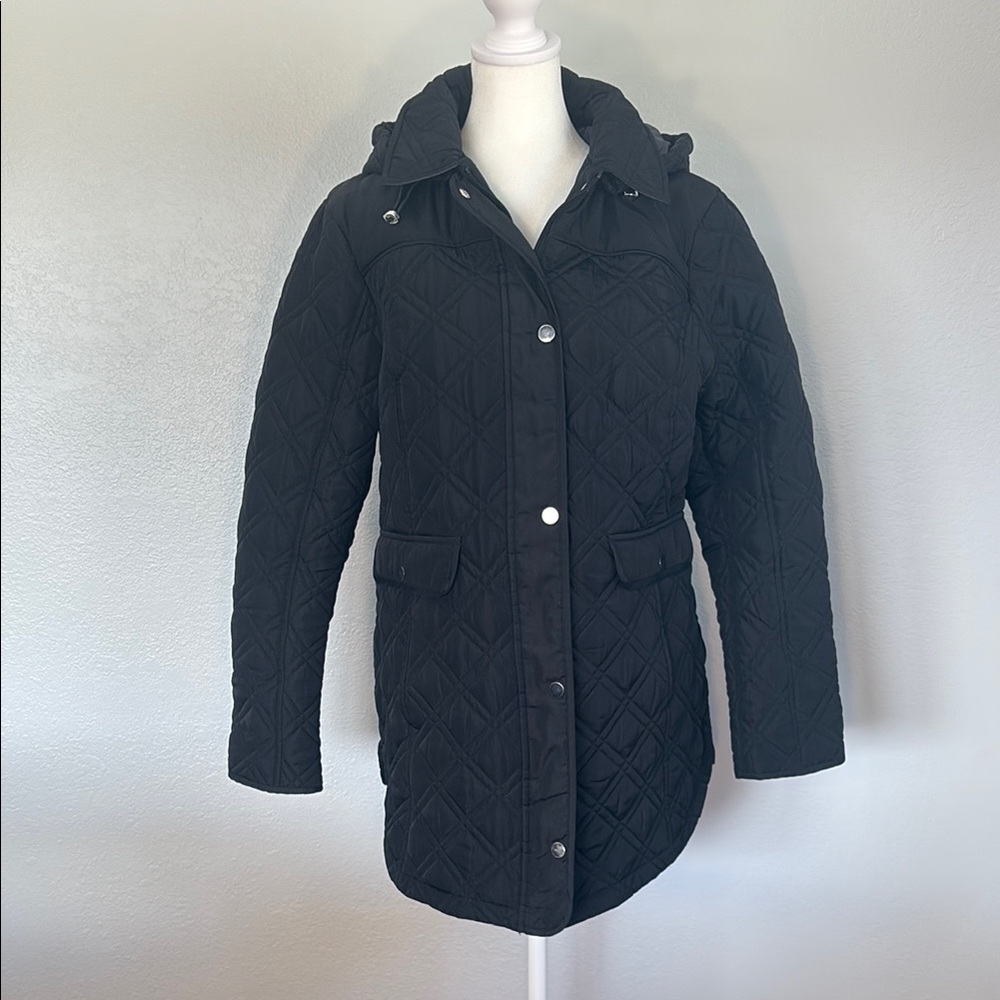 Jones New York Black Puffer Jacket Mid-Length High Collar
